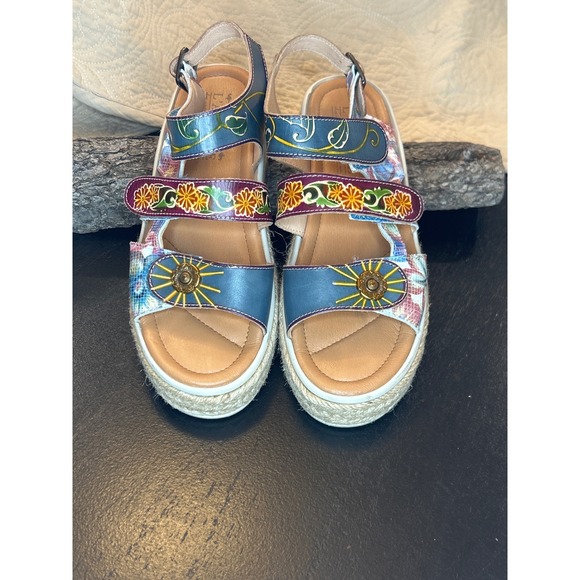 L'Artiste Yahima Blue Leather Floral‎ Espadrille Platform Sandals Size 37 - Picture 1 of 5